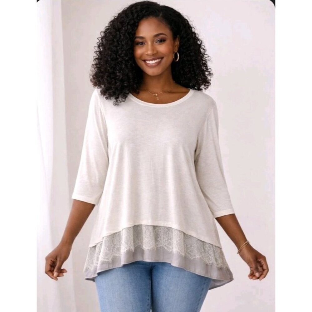 Womens Asymmetrical Layered Lace Hem Blouse Top Long Sleeve Casual XLP Ivory